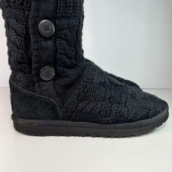 UGG Australia Boots Women's Sz 7 Black Gray Buttons Foldover Cable Knit - Picture 4 of 16